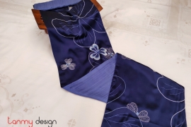 Dark blue silk scarf hand-embroidered with phoenix flower 35*200 cm